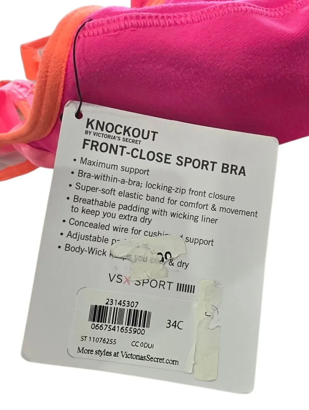 VSX Neon Pink & Orange Front-Zip Colorblock Sports Bra Size 34C
